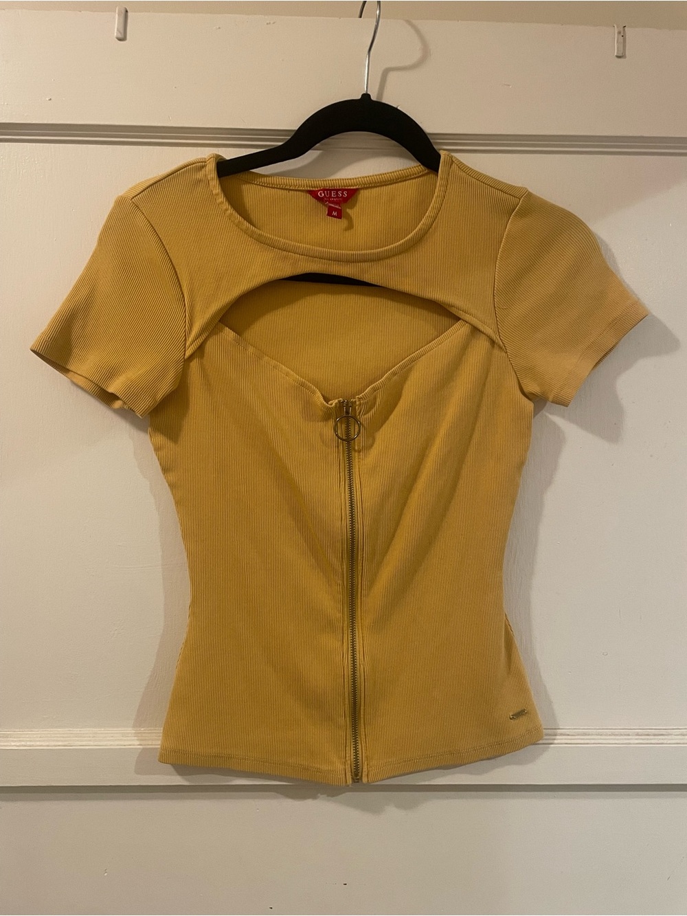 GUESS Yellow Short-Sleeve Zip Cutout Tee